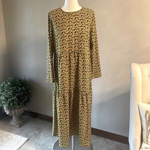 ASOS Cottagecon flower long dress jewel neckline relaxed fit mustard yellow 12